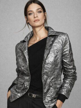 Lida Baday Metallic Silver Jacket – Textured crinkle fabric Statement jacket